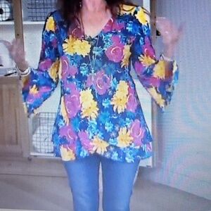 Laurie Felt Reversible Neckline Pleated Sleeve Blouse - XL